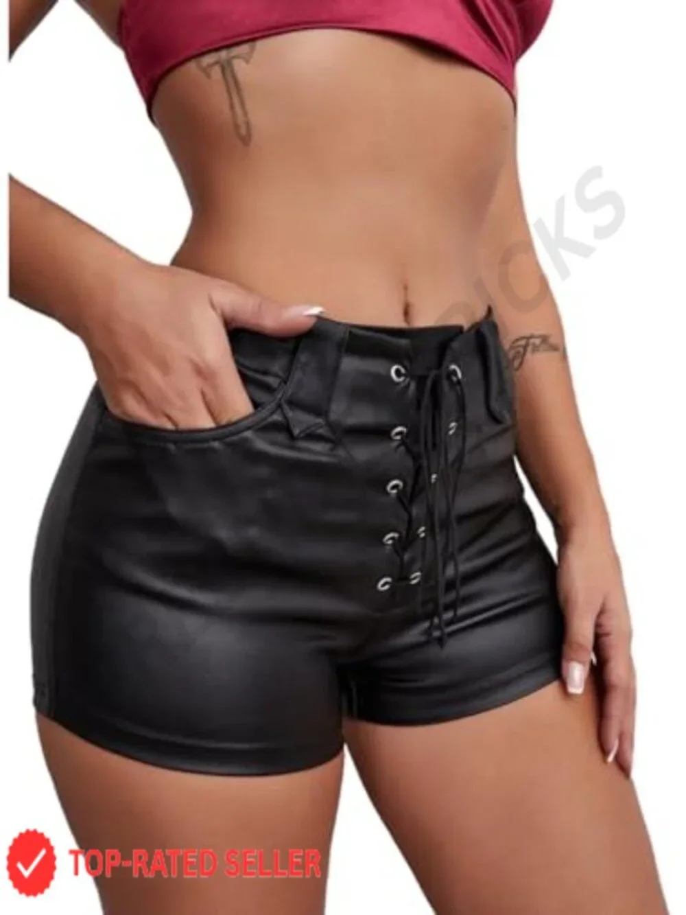 Women's Y2K High Waisted Faux Leather Shorts Drawstring Lace Up Rave Festival